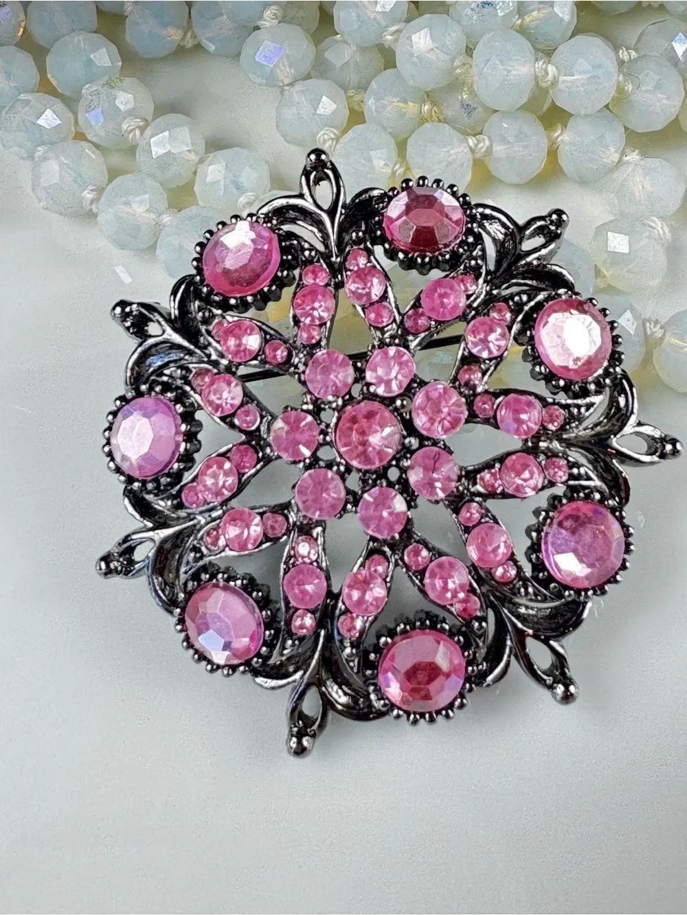 Vintage Pink Crystal Floral Brooch in Dark Metal Setting